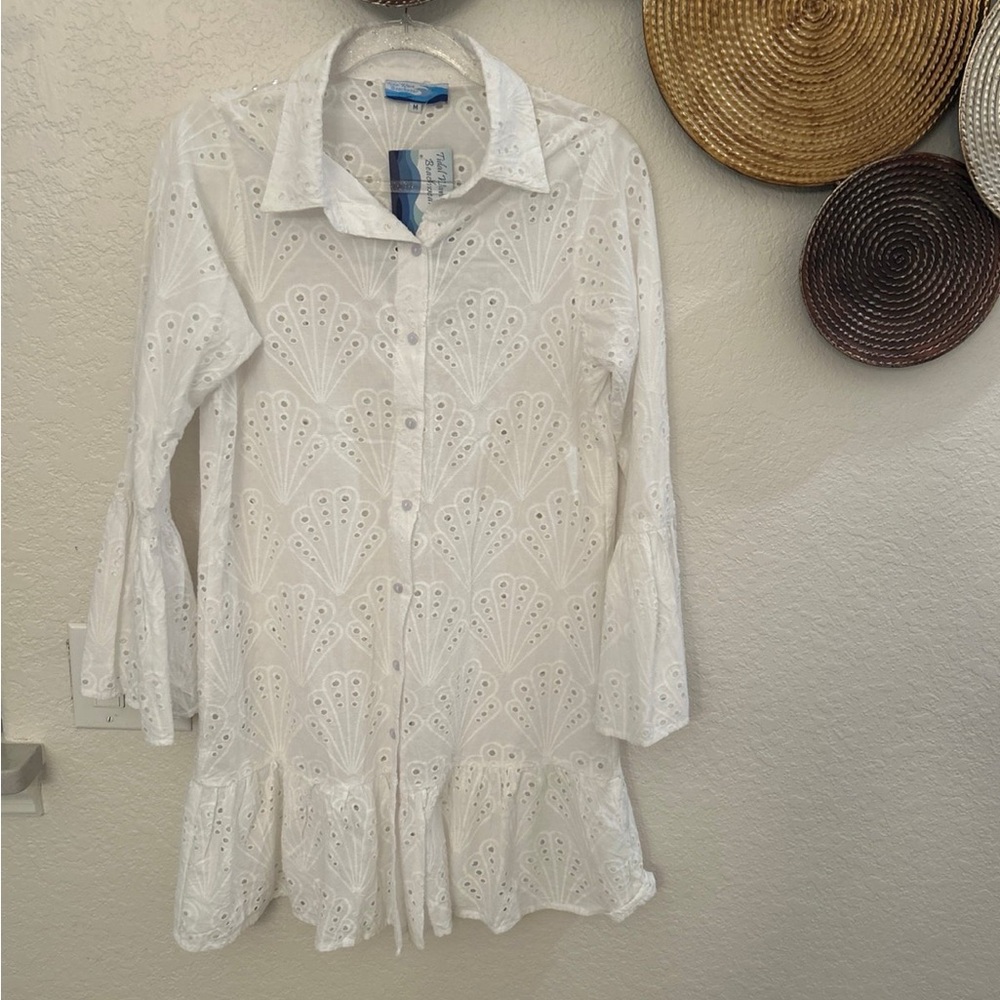Tidal‎ wave beachwear white eyelet cotton shift shell cover up size M